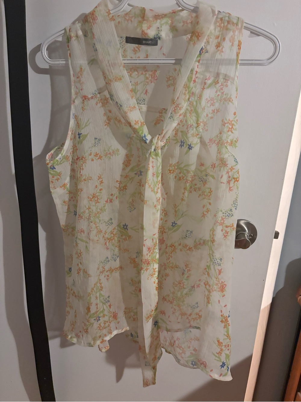 Smart Set Sleeveless Tie-Neck Floral Blouse - Ivory with Multicolor Flowers - Picture 1 of 1